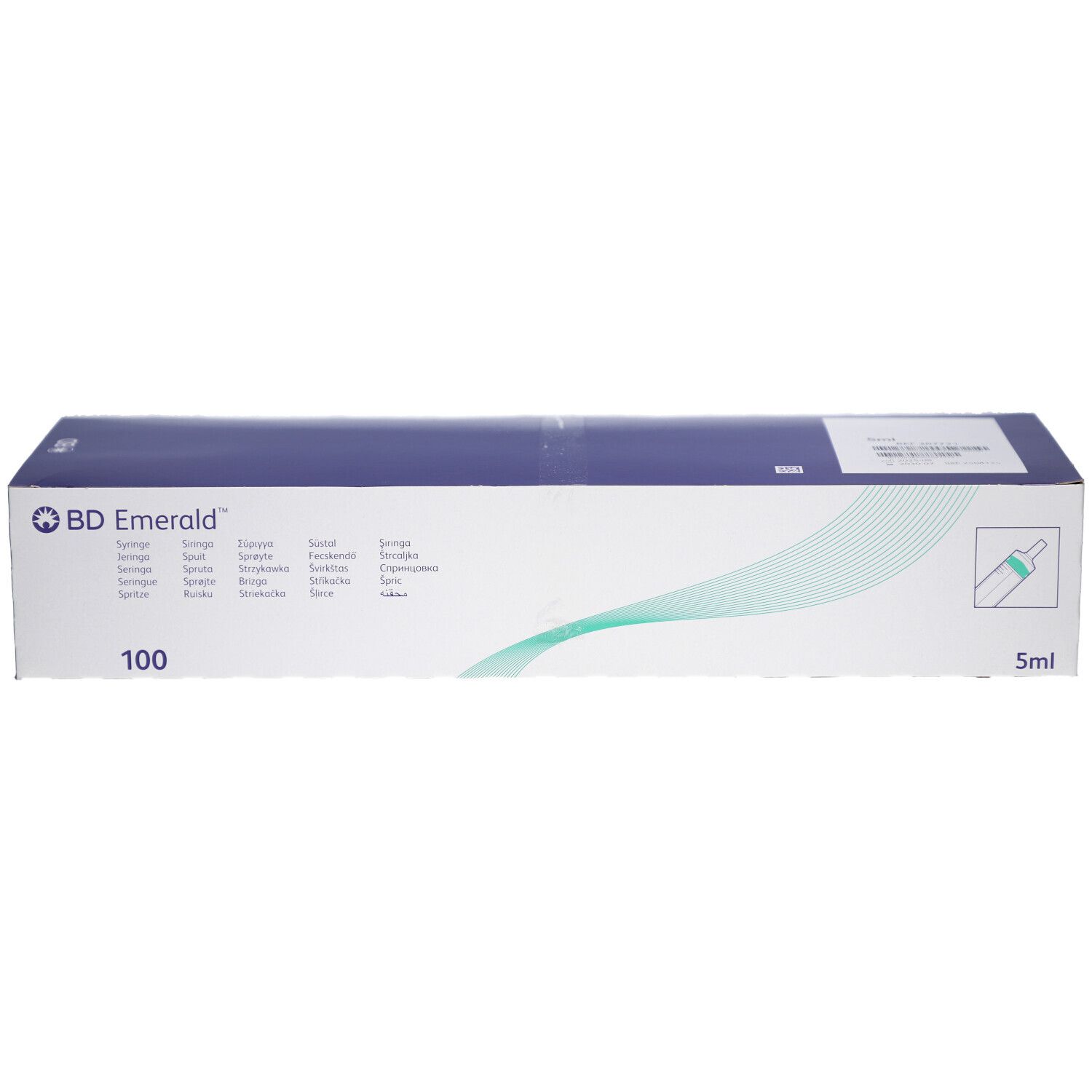 Boîte de seringues BD Emerald. Inscription : 5 ml, 100. Emballage bleu et blanc.