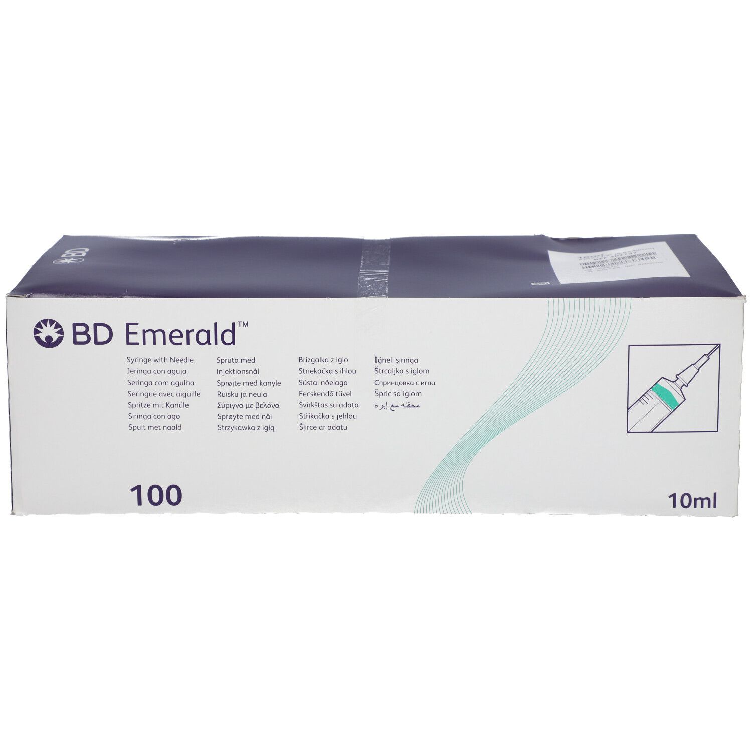 Verpakking met BD Emerald spuiten. Opschrift "100" en illustratie van een spuit. Volume: 10 ml.