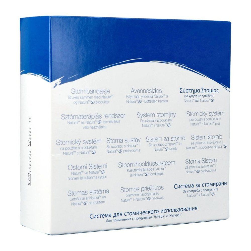 Emballage Natura Stomahesive Flex avec informations produit multilingues.