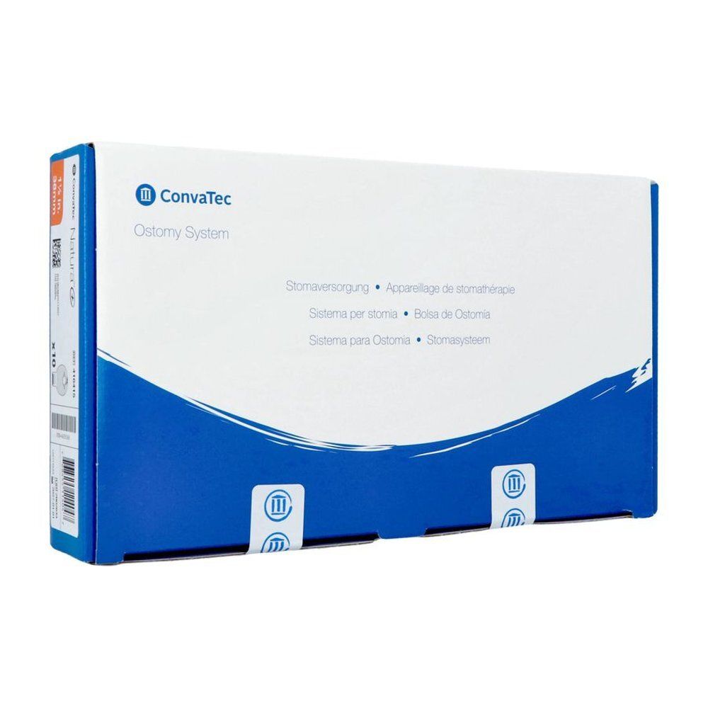 ConvaTec Ostomy System verpakking met meertalige productaanduidingen en blauwe golflijn.