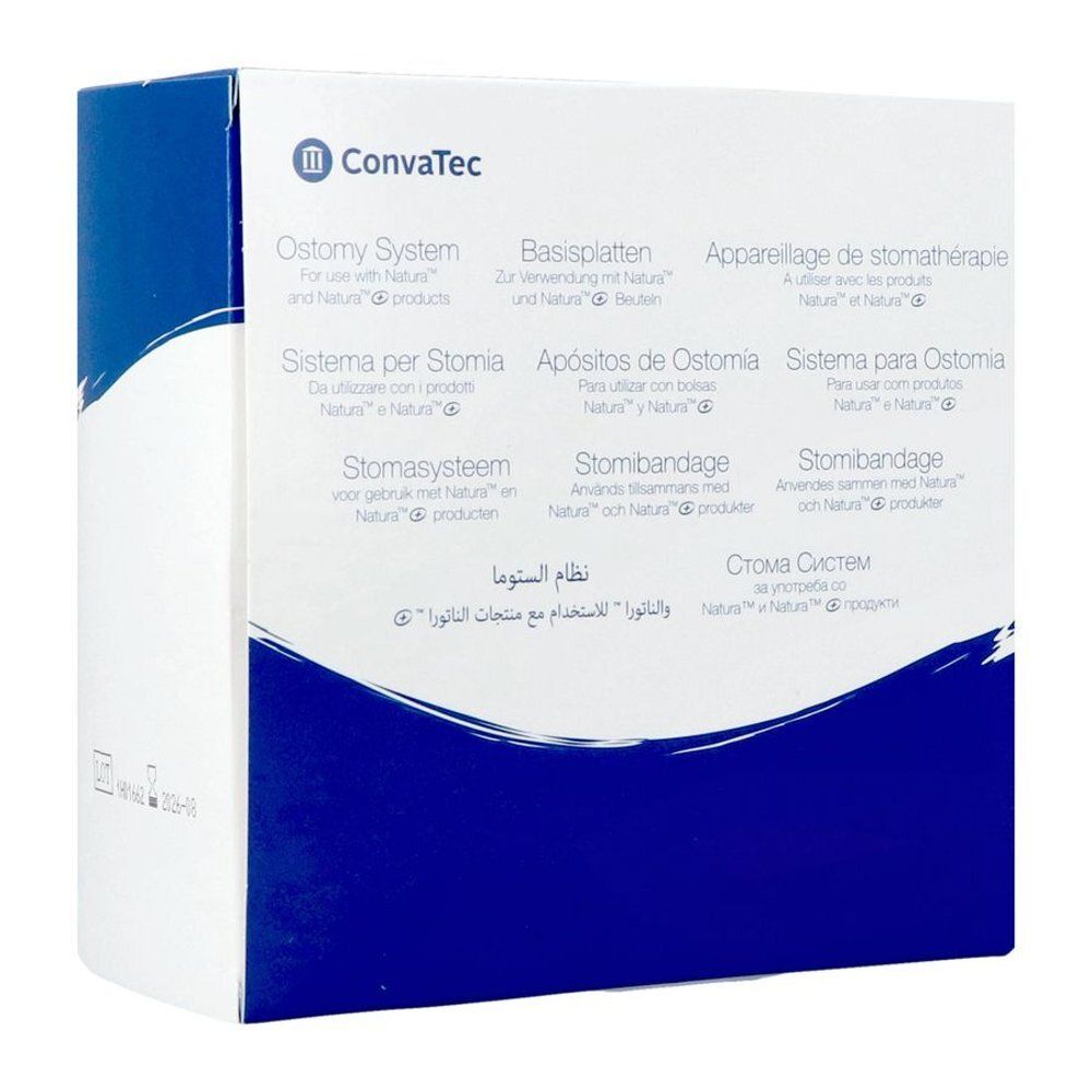 Boîte d'un système de stomie avec informations produit multilingues et logo ConvaTec.