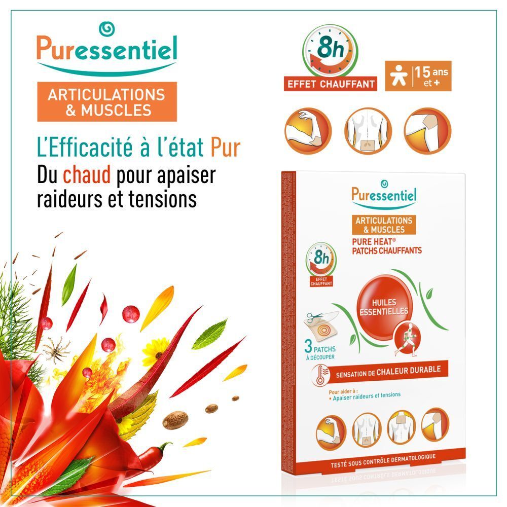 Boîte de patchs chauffants Puressentiel avec éléments botaniques et noms de 14 huiles essentielles.