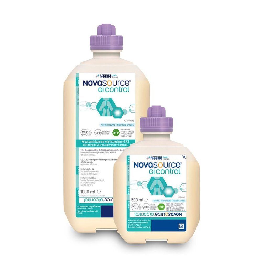 Deux bouteilles avec bouchon violet. Inscription : Novasource GI Control. 500 ml et 1000 ml.