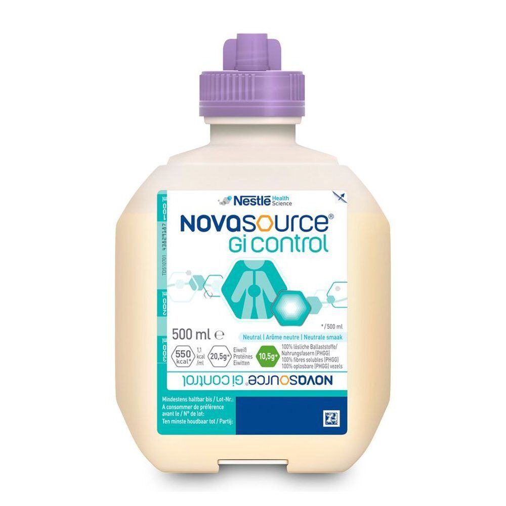 Fles met paarse dop. Opschrift: Novasource GI Control. 500 ml. Bevat voedingsinformatie.