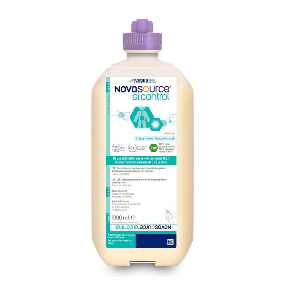 Bouteille Novasource Gi Control Smartflex. Liquide beige clair, bouchon violet. 1000 ml. Logo Nestlé.