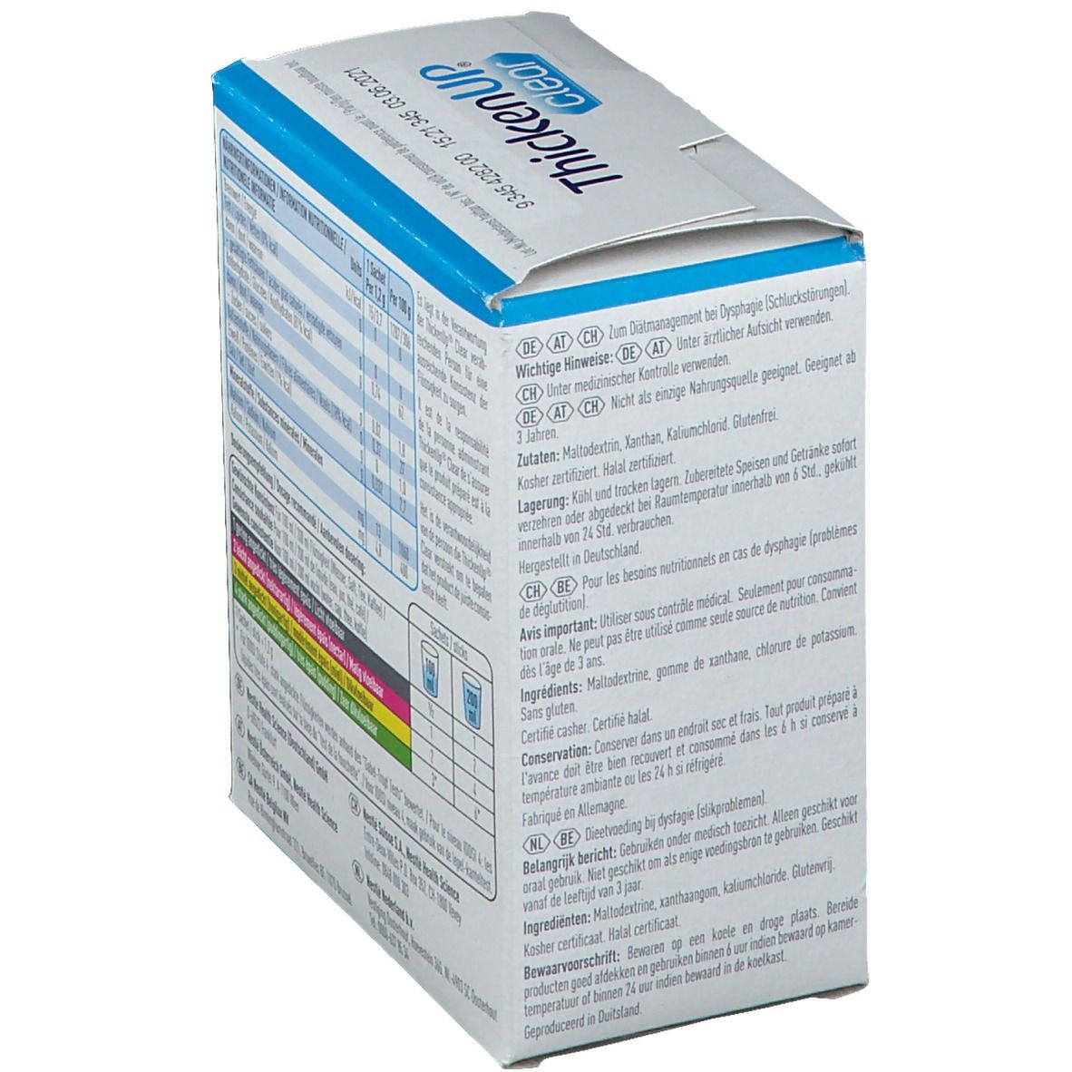 Achterkant van de ThickenUp Clear-verpakking. Waarschuwingen, bewaaradvies, ingrediënten en fabrikant informatie.
