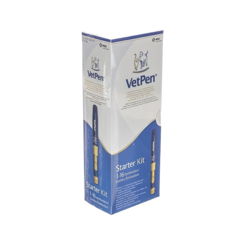 Verpakking met logo en tekst: VetPen. Starterkit 1-16 eenheden. De injectiepen is gedeeltelijk zichtbaar.