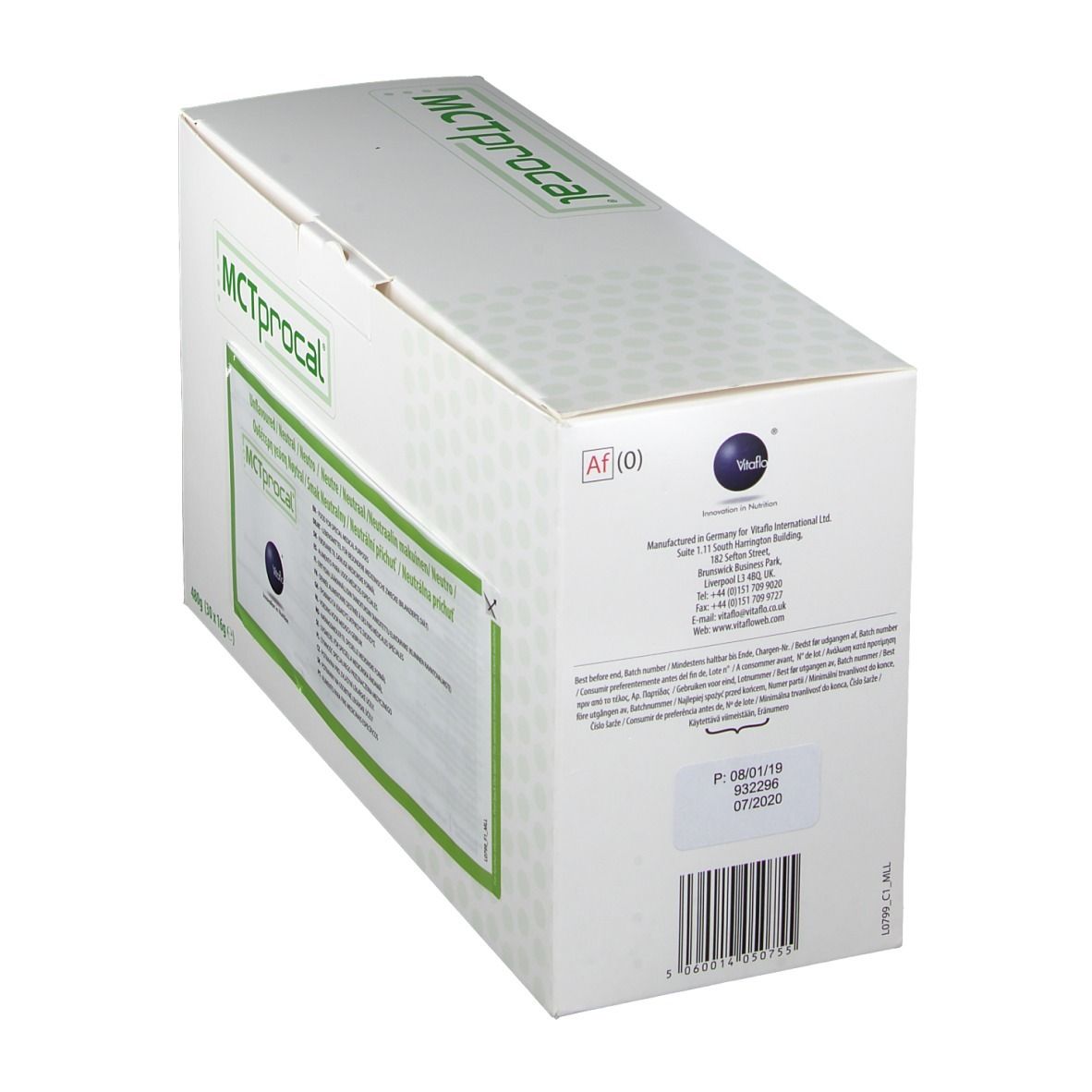 Kartonnen verpakking met groene rand en opschrift MCTprocal. Informatie en barcode op de zijkant. Adres fabrikant.