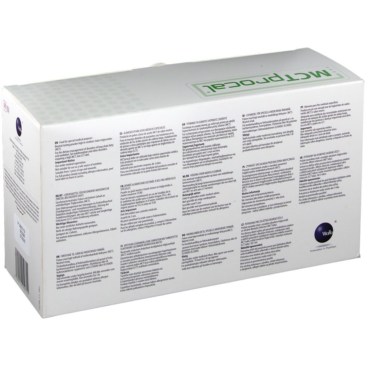 Kartonnen verpakking met groene rand en opschrift MCTprocal. Achterkant met tekst in meerdere talen. Logo.