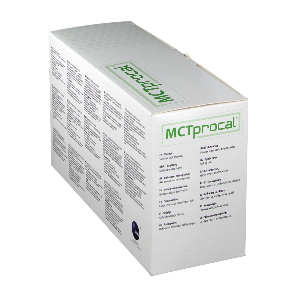 Kartonnen verpakking met groene rand en opschrift MCTprocal. Achterkant met tekst in meerdere talen. Logo.