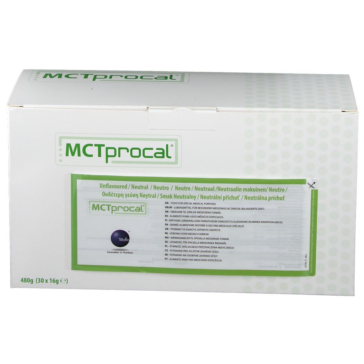 Witte kartonnen verpakking met groene rand. Opschrift: MCTprocal. Bevat informatie in meerdere talen. 480g (30 x 16g).