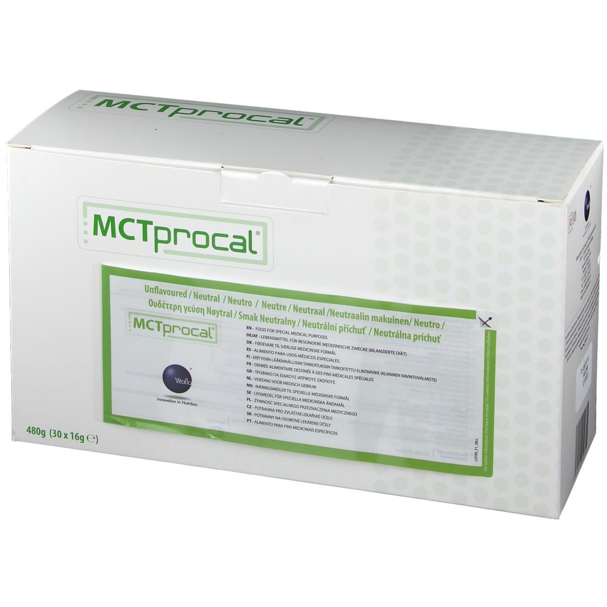 Witte kartonnen verpakking met groene rand. Opschrift: MCTprocal. Bevat informatie in meerdere talen. 480g (30 x 16g).