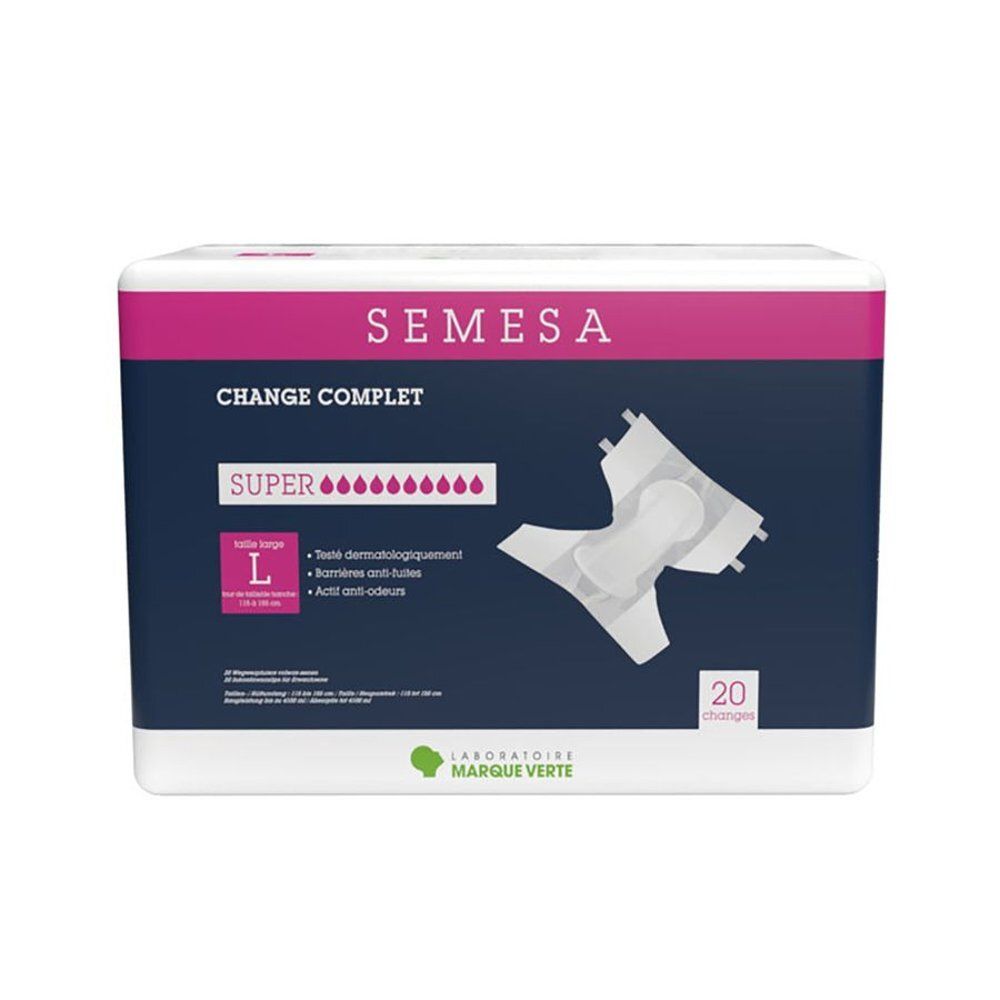 Verpakking SEMESA CHANGE COMPLET SUPER, maat L, 20 stuks. Met logo's en productillustratie.