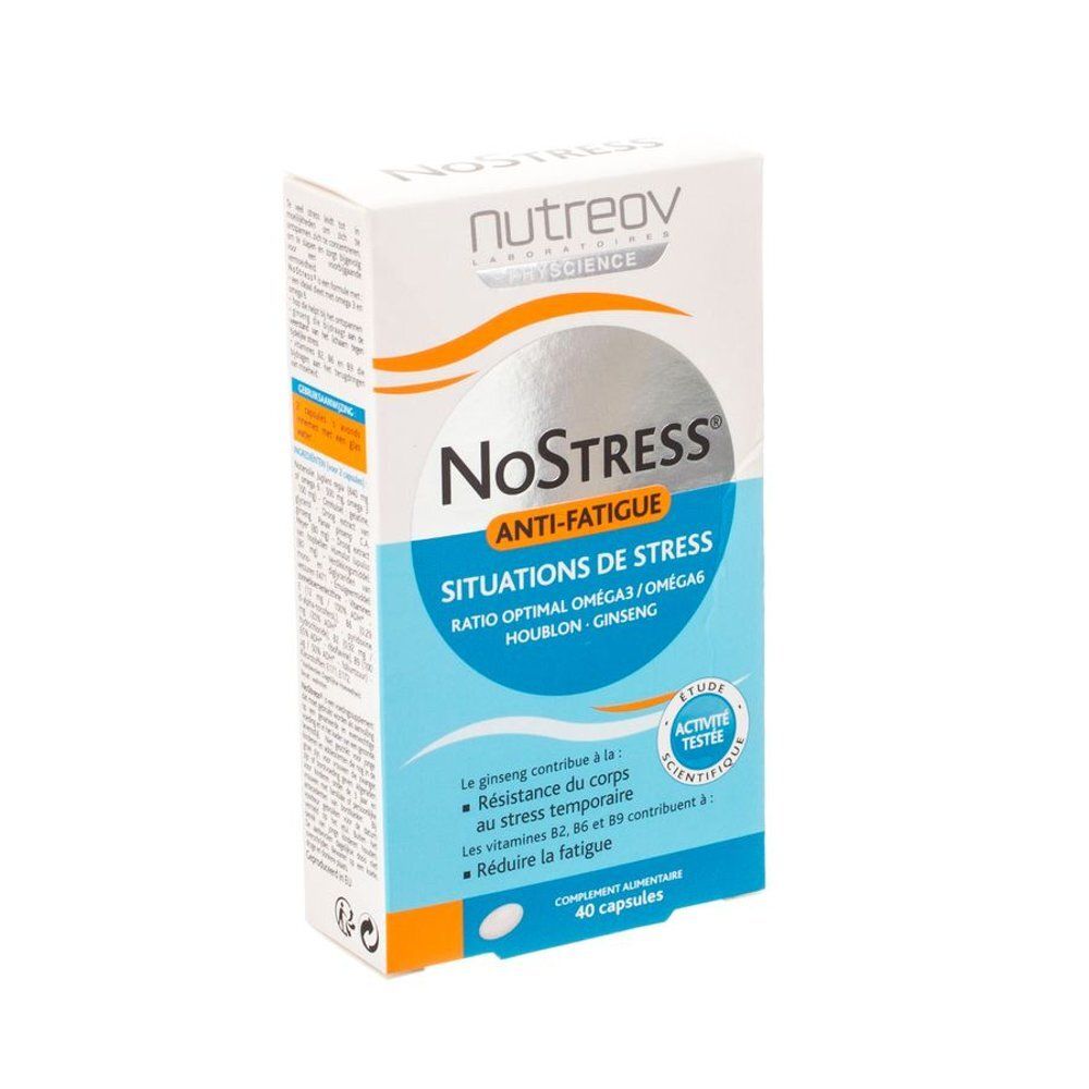 Witte doos met "NoStress". Bevat 40 capsules. Opschrift: Anti-vermoeidheid, Situaties van stress, optimale verhouding Omega3/Omega6.