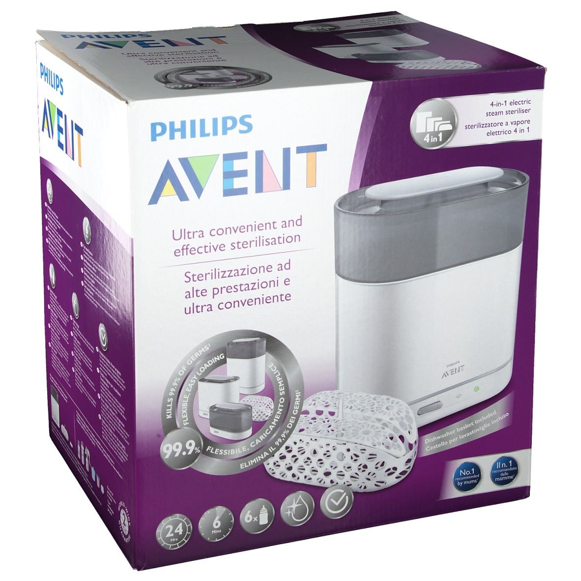 Verpakking van de Philips Avent 4-in-1 elektrische stoomsterilisator. Wit en grijs apparaat, mand en containers. Tekst: Philips Avent, 4-in-1 elektrische stoomsterilisator.