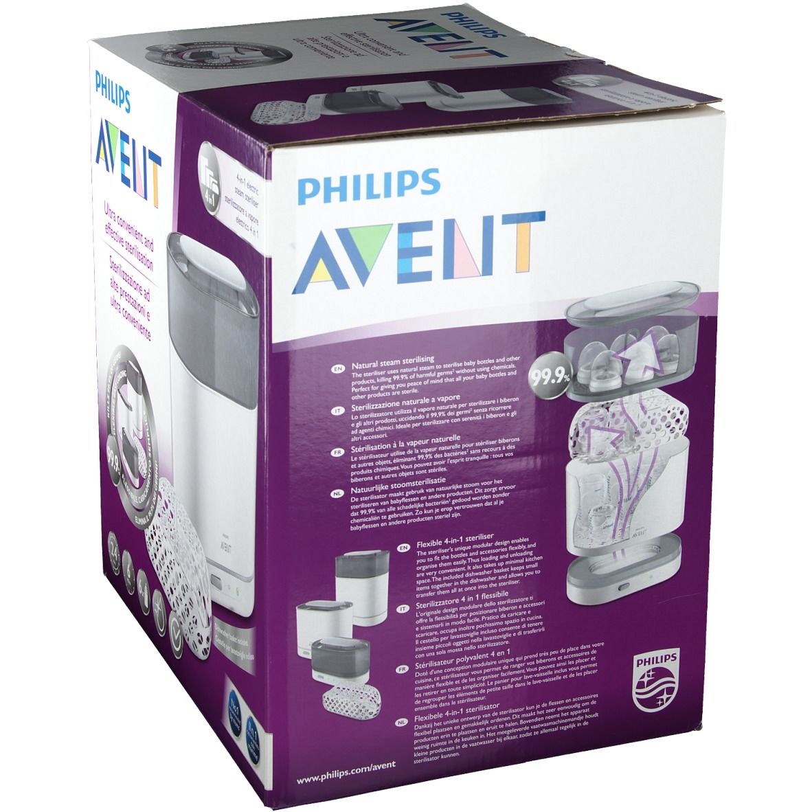 Achterkant van de verpakking van de Philips Avent sterilisator. Illustratie van de sterilisator met accessoires. Tekst: Philips Avent, 4-in-1 elektrische stoomsterilisatie, verwijdert 99,9% van de bacteriën.