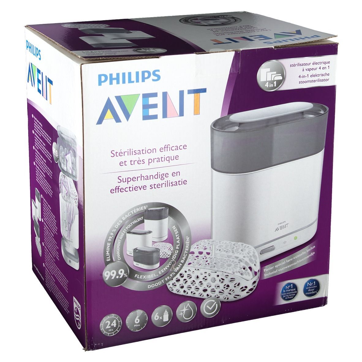 Verpakking van de Philips Avent 4-in-1 elektrische stoomsterilisator. Wit en grijs apparaat, mand en containers. Tekst: Philips Avent, 4-in-1 elektrische stoomsterilisator, verwijdert 99,9% van de bacteriën.