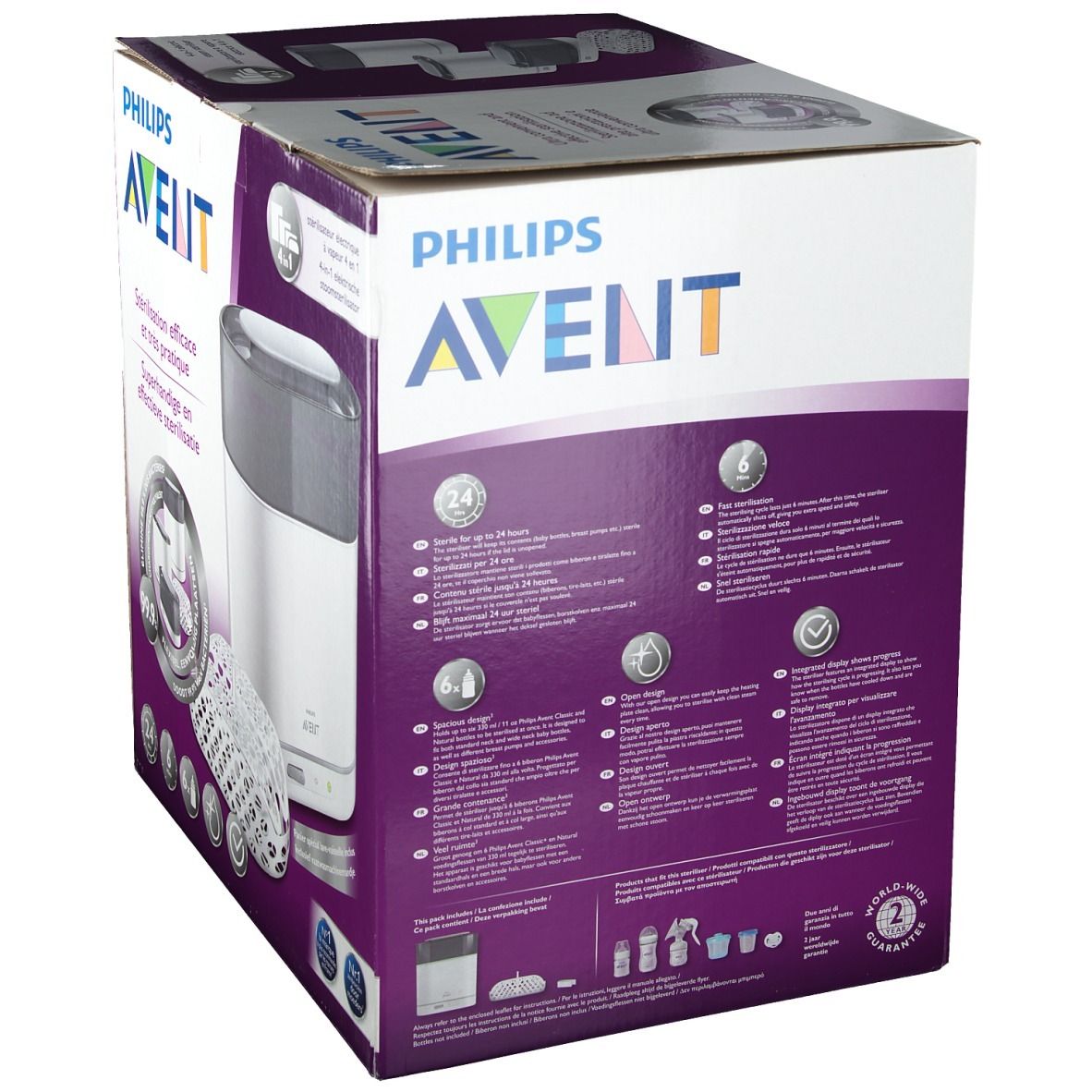 Achterkant van de verpakking van de Philips Avent sterilisator. Illustratie van de sterilisator met accessoires. Tekst: Philips Avent, 4-in-1 elektrische stoomsterilisatie.