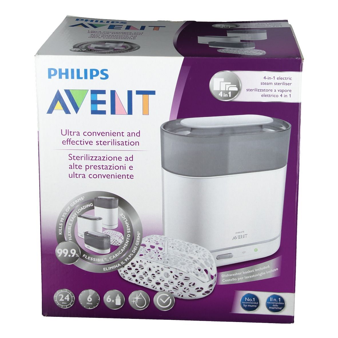 Verpakking van de Philips Avent 4-in-1 elektrische stoomsterilisator. Wit en grijs apparaat, mand en containers. Tekst: Philips Avent, 4-in-1 elektrische stoomsterilisator, verwijdert 99,9% van de bacteriën.