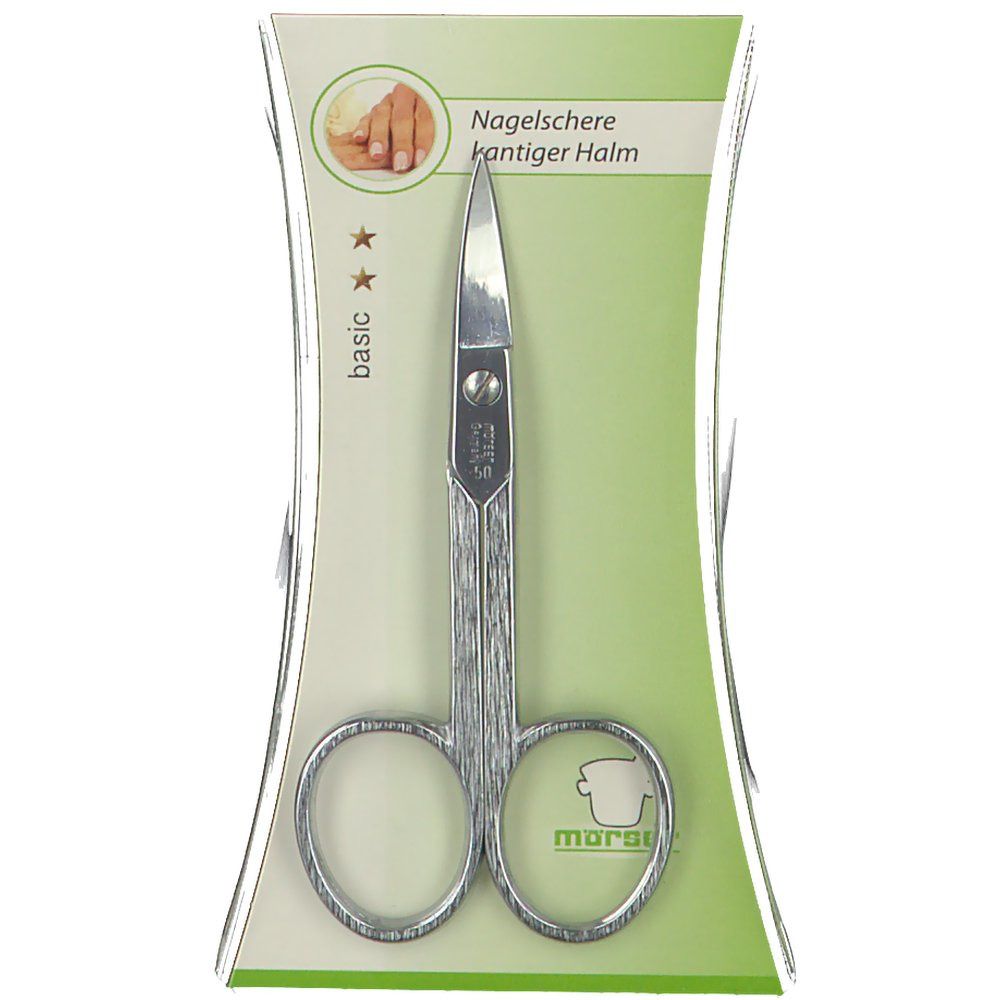 Nagelschaar met hoekige steel in verpakking. Zilverkleurig metaal, gebogen handgrepen, rechte punt. Opschrift: Nagelschere kantiger Halm.