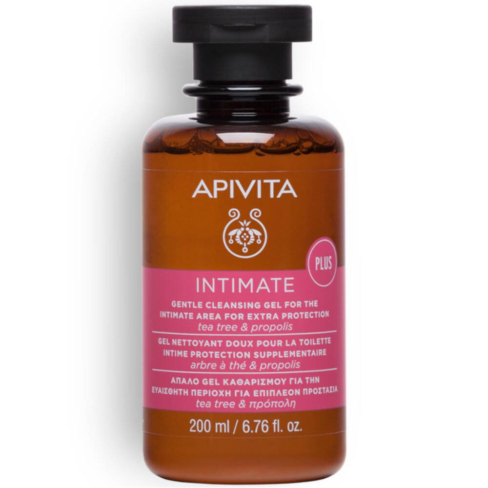 Flacon marron avec bouchon noir. Étiquette rose avec texte: Intimate, 200 ml. Marque: APIVITA.