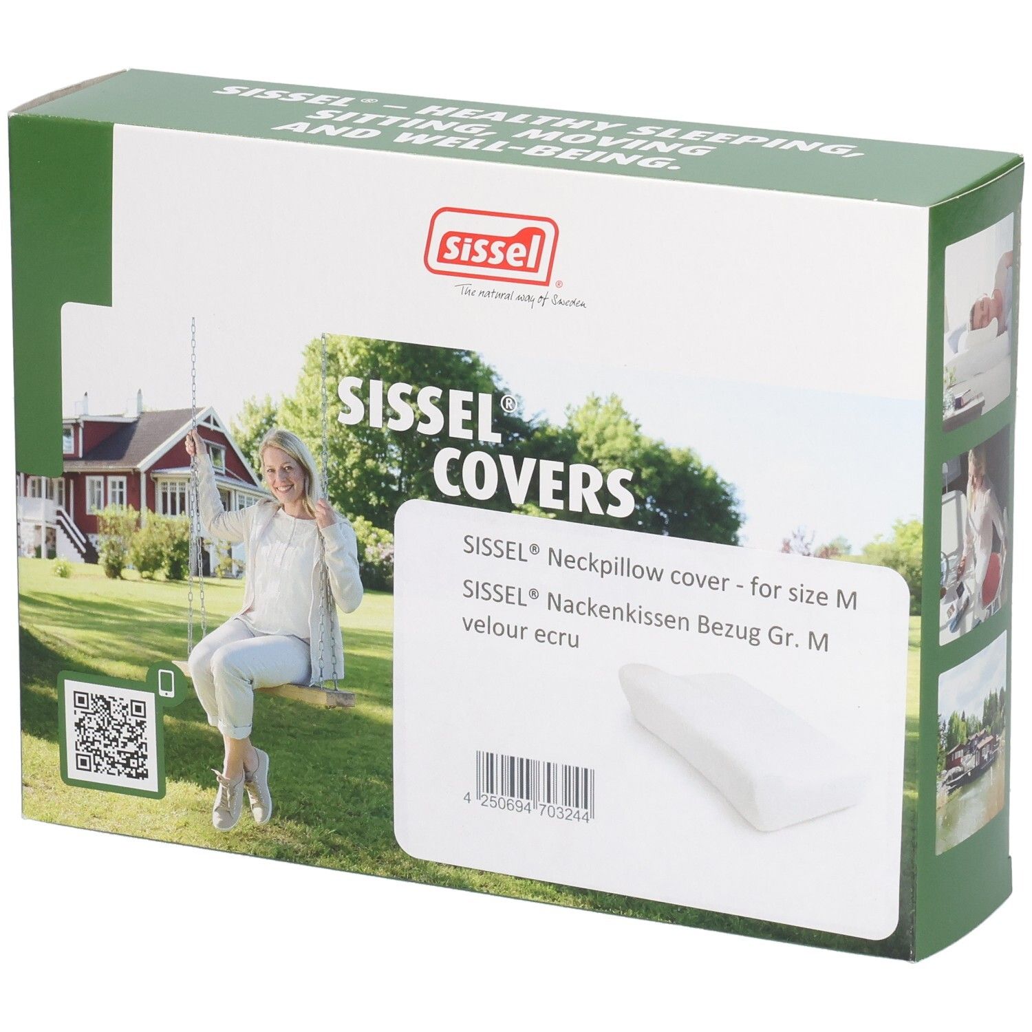 Verpakking met Sissel-logo en productinformatie. Ecru nekkussenhoes. Opschrift: Sissel Covers, nekkussenhoes voor maat M.