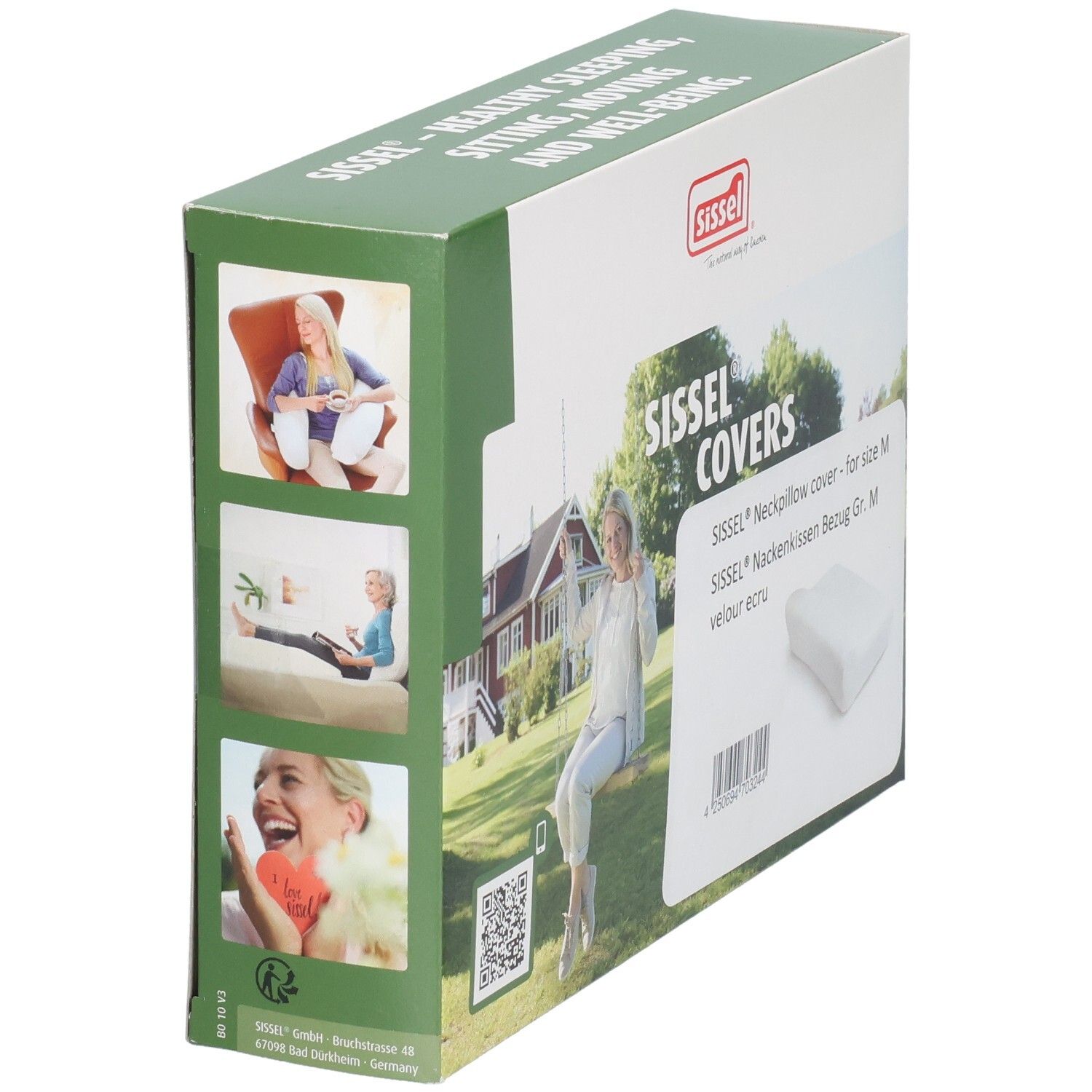 Verpakking met Sissel-logo en productinformatie. Ecru nekkussenhoes. Opschrift: Sissel Covers, nekkussenhoes voor maat M.