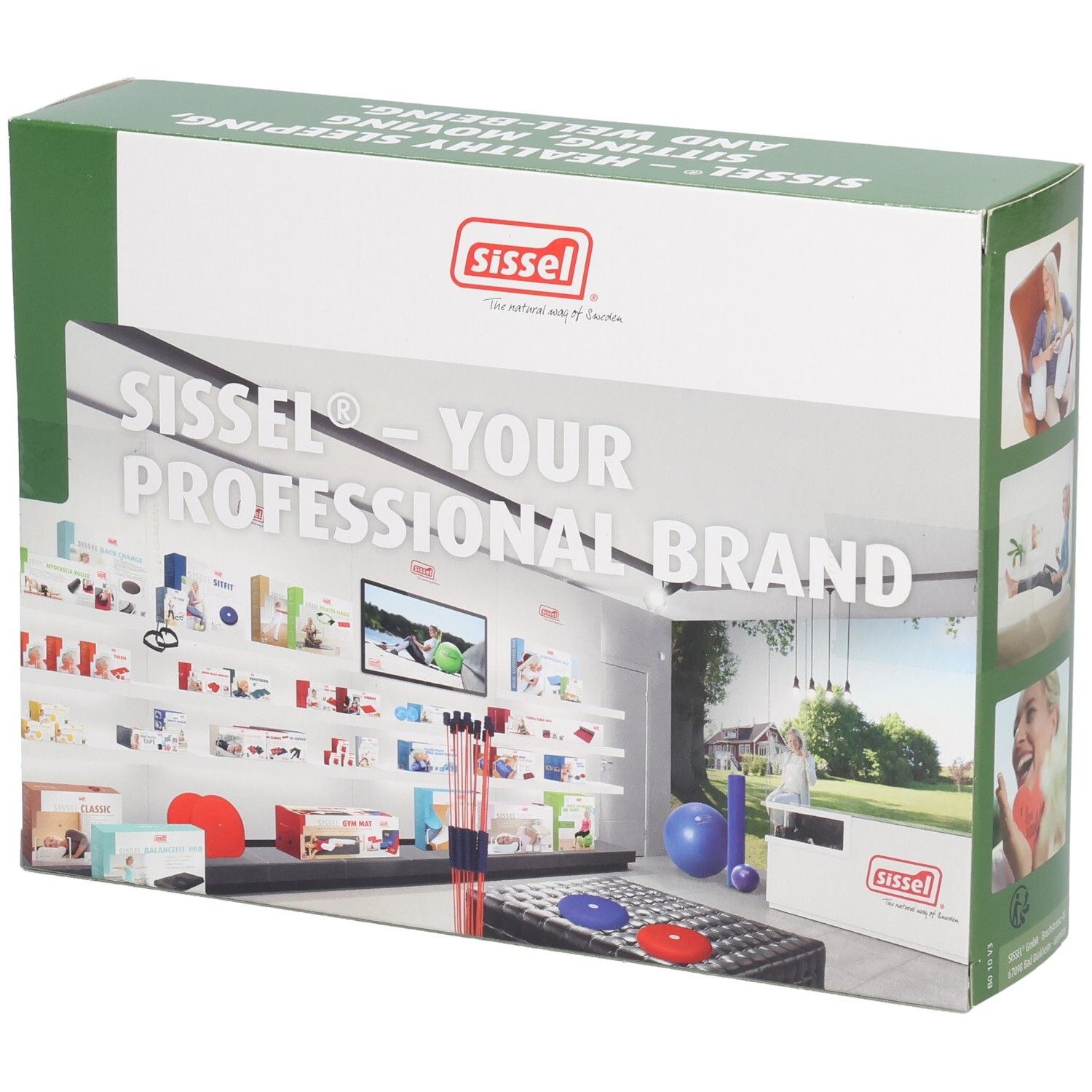 Verpakking met Sissel-logo en productinformatie. Opschrift: Sissel - Your Professional Brand. Productafbeeldingen op een schap.