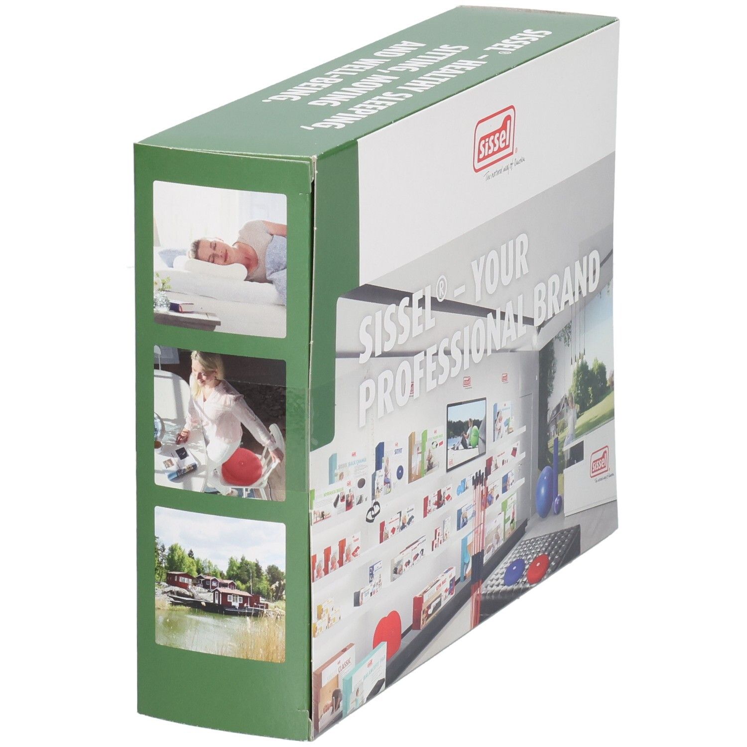 Verpakking met Sissel-logo en productinformatie. Opschrift: Sissel - Your Professional Brand. Productafbeeldingen op een schap.