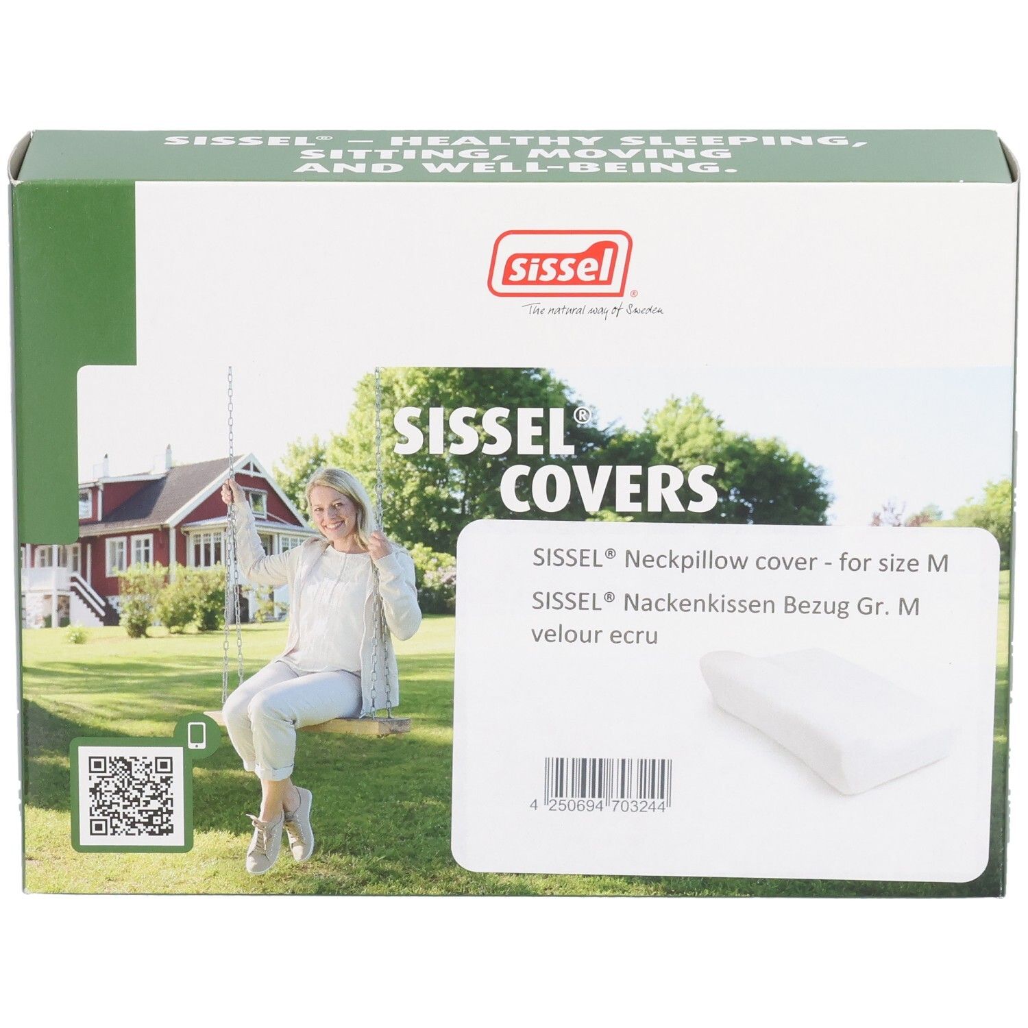 Verpakking met Sissel-logo en productinformatie. Ecru nekkussenhoes. Opschrift: Sissel Covers, nekkussenhoes voor maat M.