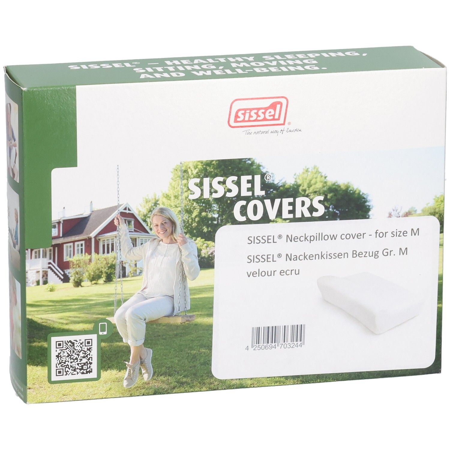 Verpakking met Sissel-logo en productinformatie. Ecru nekkussenhoes. Opschrift: Sissel Covers, nekkussenhoes voor maat M.