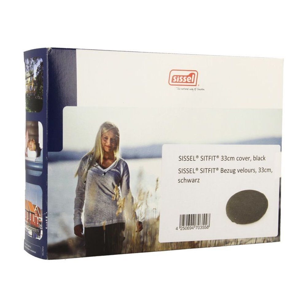 Verpakking met productafbeelding en tekst: Sissel Sitfit 33cm, zwart.