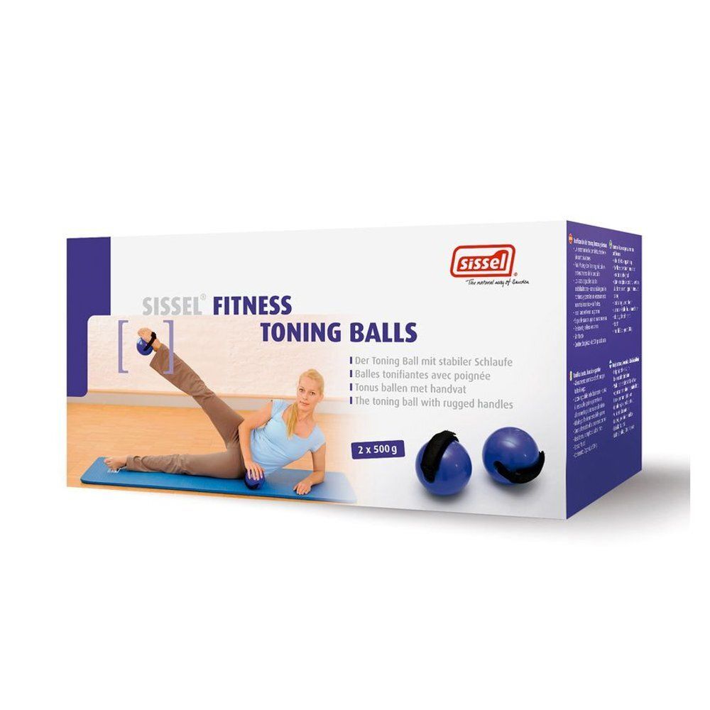 Emballage avec deux Toning Balls violets. Femme sur tapis s'entraînant avec une balle. Texte: Sissel Fitness Toning Balls.