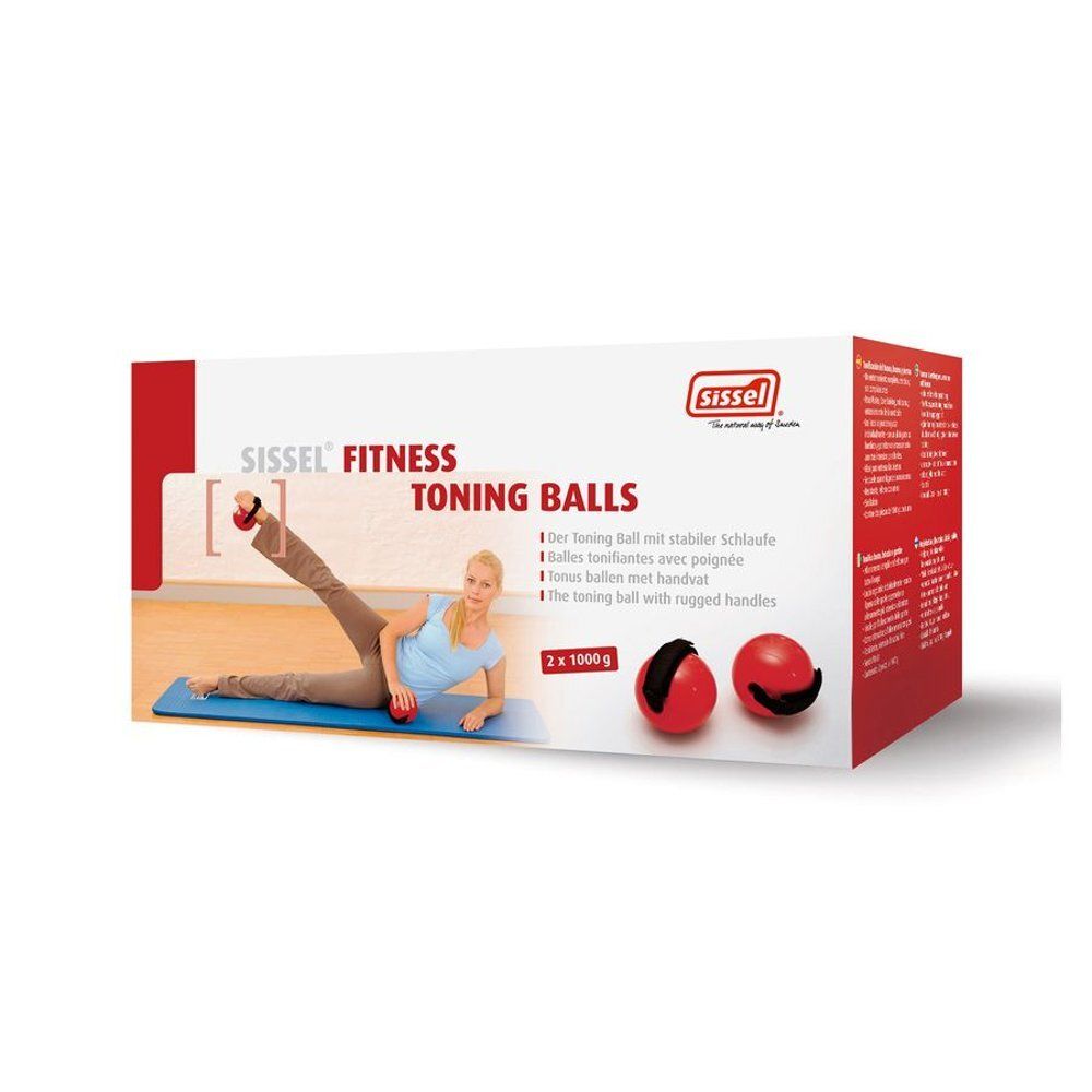 Boîte avec deux Toning Balls rouges avec poignées. Inscription : "Sissel Fitness Toning Balls".