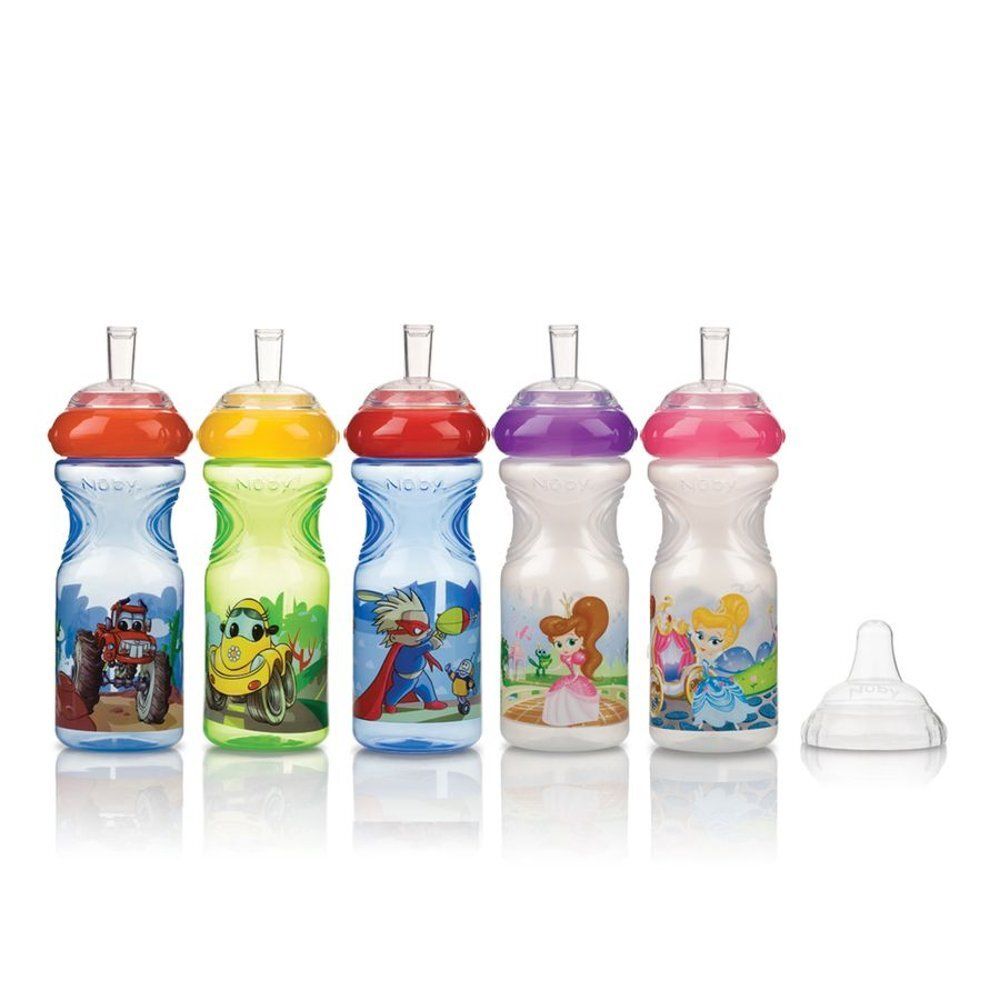 Cinq gobelets à paille, couvercles colorés, motifs enfants. Marque Nuby.