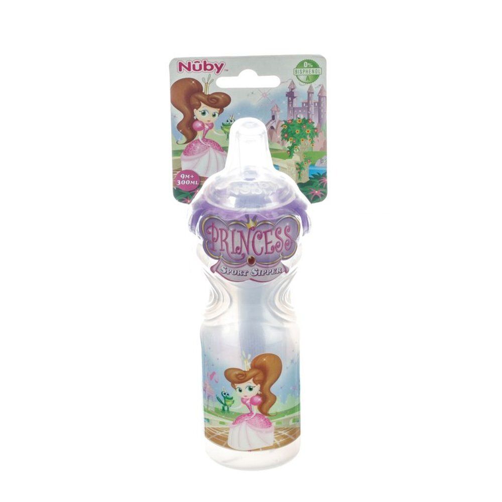 Beker met rietje, paars, prinsessenmotief. Verpakking met productinformatie. Merk Nuby.