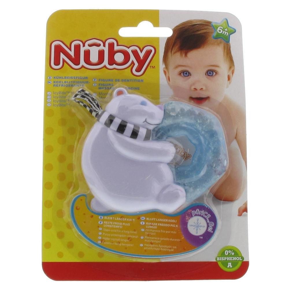 Koelbijtfiguur met ijsgel. IJsbeer-ontwerp met sjaal. Verpakking met babyfoto. Aanbevolen leeftijd: 6 maanden.