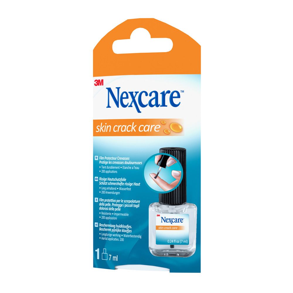 Emballage Nexcare Skin Crack Care. Flacon avec applicateur, 7 ml. Design orange et blanc avec nom du produit.