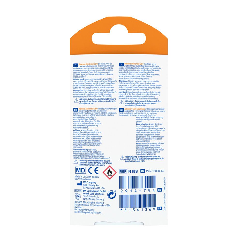 Verpakking van Nexcare Skin Crack Care. Fles met applicator, 7 ml. Oranje-wit ontwerp met productnaam.