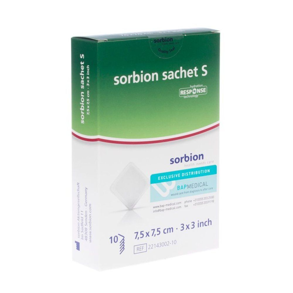 Verpakking Sorbion Sachet S. Groen-witte doos met productnaam en afmetingen. Bevat 10 kompressen.