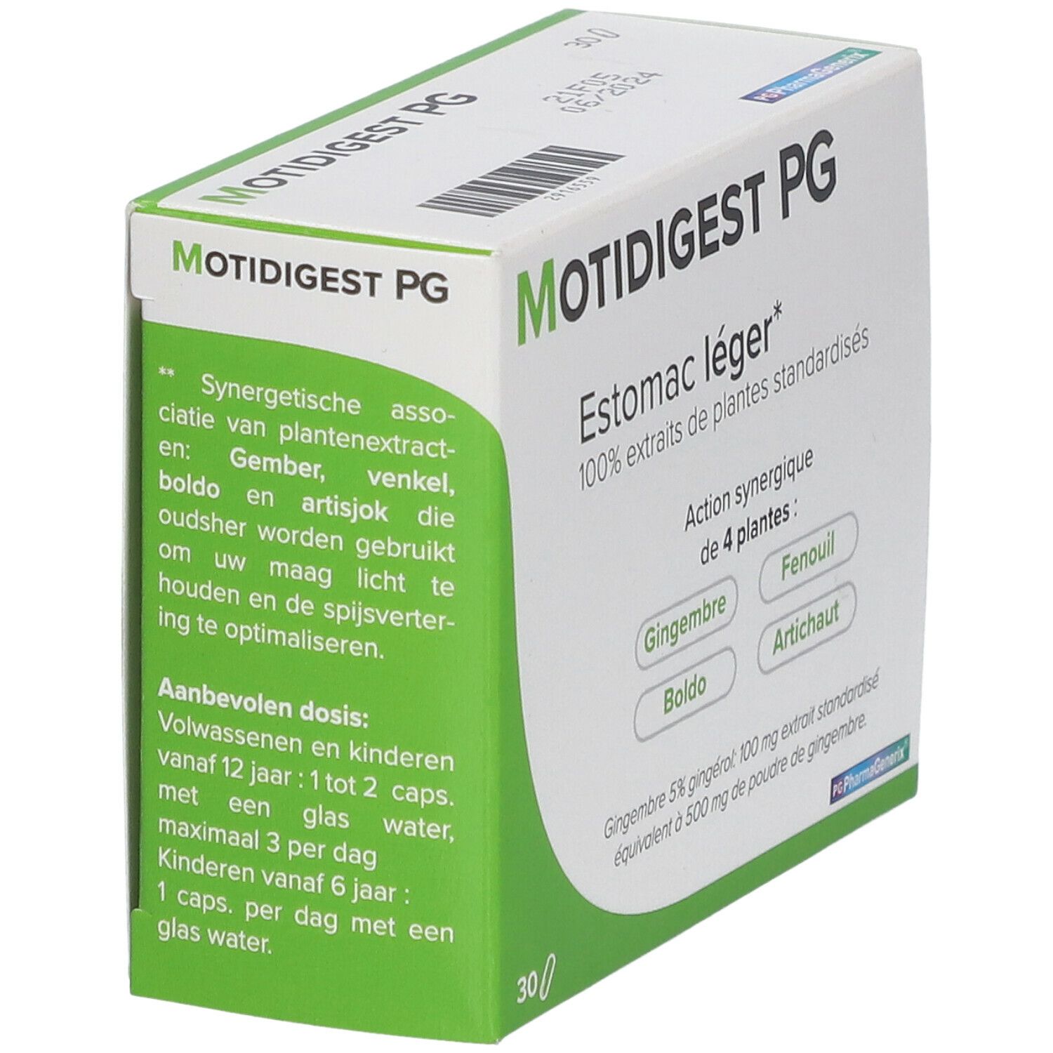 Boîte de Motidigest PG. Inscription: Estomac léger, 100% extraits de plantes standardisées. Contient 30 gélules.