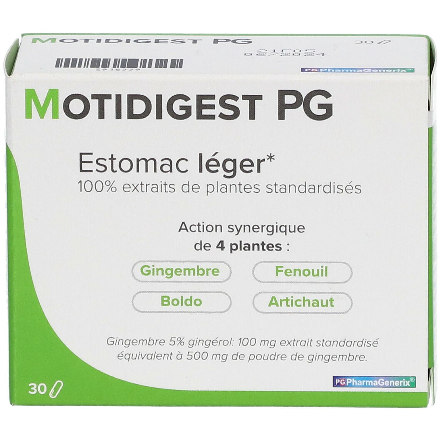 Boîte de Motidigest PG. Inscription: Estomac léger, 100% extraits de plantes standardisées. Contient 30 gélules.