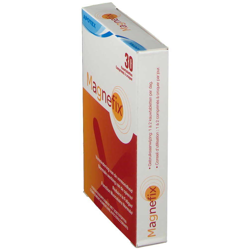 Boîte Magnefix, vue latérale. Design orange et blanc, nom du produit et 30 comprimés. Texte multilingue.