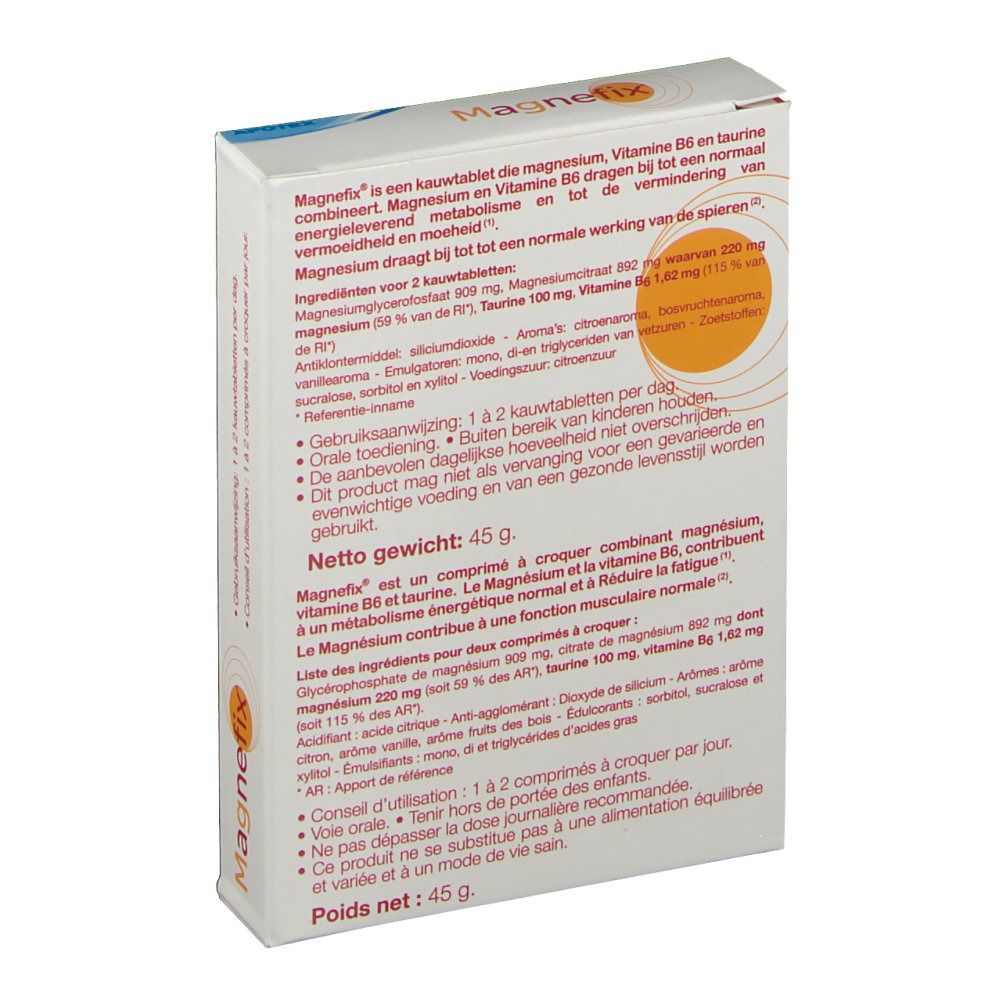 Dos de la boîte Magnefix. Ingrédients, mode d'emploi et poids net de 45g. Texte multilingue.