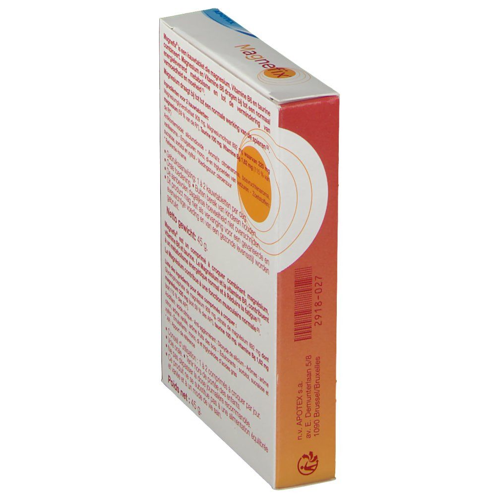 Vue latérale de la boîte Magnefix. Texte, code-barres et adresse du fabricant. Design orange et blanc.