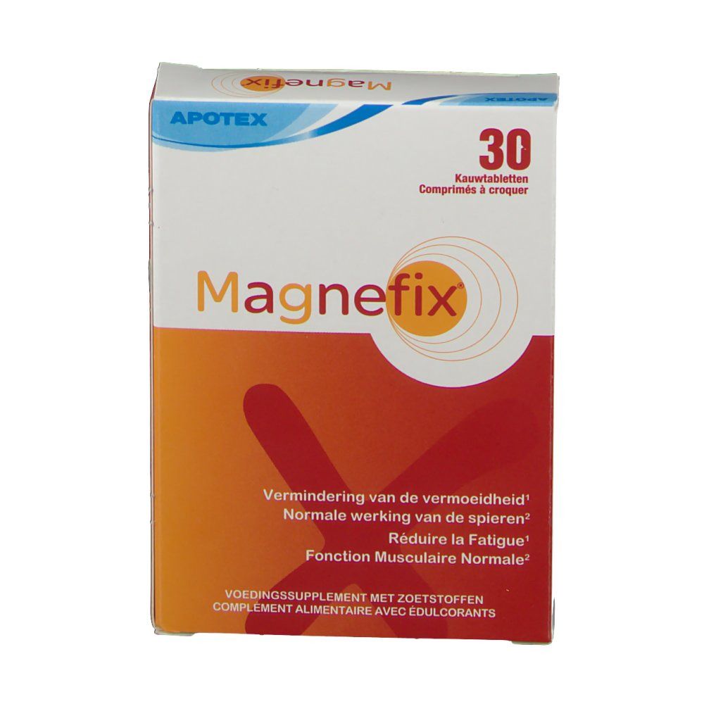Vue de face de la boîte Magnefix. Design orange et blanc, nom du produit et 30 comprimés. Texte multilingue.