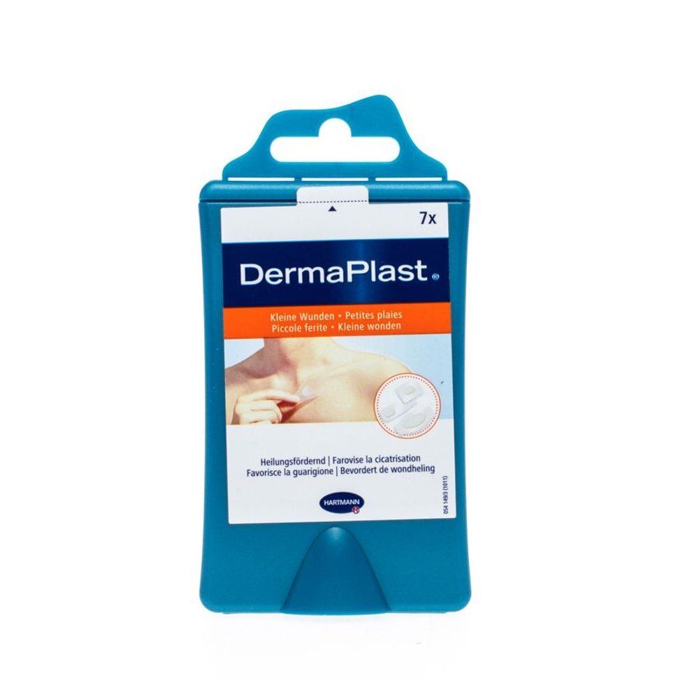 Blauwe plastic etui met 7 pleisters. Opschrift DermaPlast. Tekst in het Duits, Frans, Italiaans en Nederlands. Illustratie van een wond.