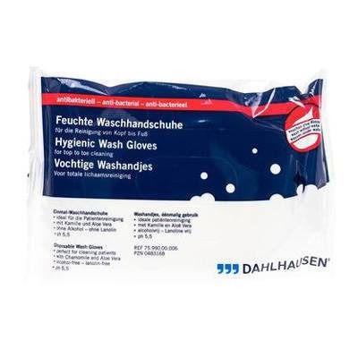 Verpakking met vochtige washandjes. Tekst: Hygienic Wash Gloves, antibacterieel. Merk: DAHLHAUSEN.