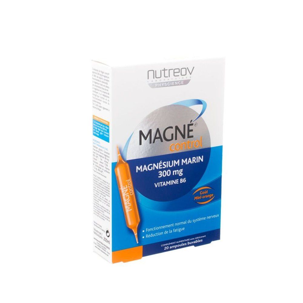 Boîte de compléments alimentaires. Inscription: Magné Control, Magnésium Marin, Vitamine B6. 20 ampoules buvables.