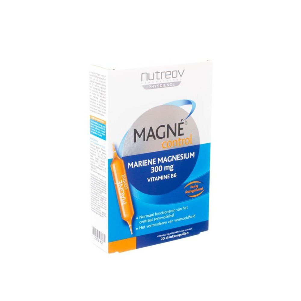 Verpakking met ampullen. Opschrift: Mariene Magnesium, Vitamine B6. 20 drinkampullen.